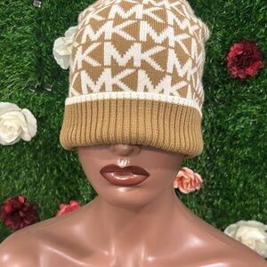 Michael Kors Tan and White Logo Beanie